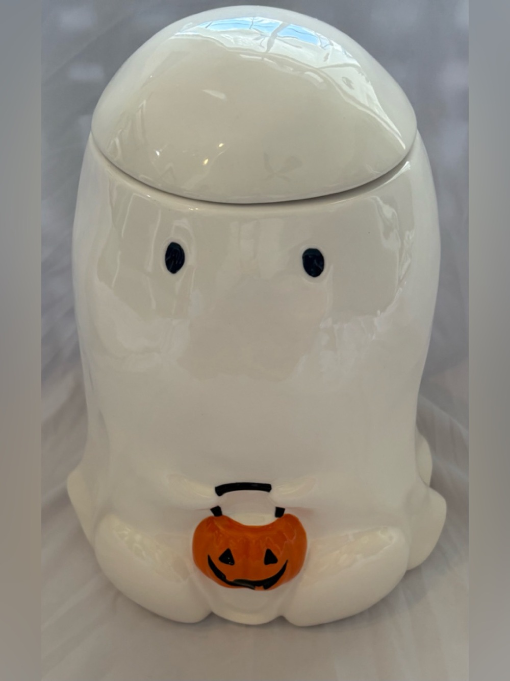 POTTERY BARN - Gus the Ghost Stoneware Candy BOWL - JAR Cookie JAR W/ LID NEW